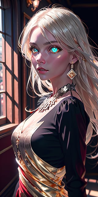 8K, high_resolution, 1080P, 1girl, (Masterpiece)), (Realistic, Photorealistic: 1.35), (RAW Photo, Best Quality), (red and gold color eyes:1.5),red and gold beautiful detailed flaming eyes,white hair, floating_hair ,scenery, shiny hair,cinematic scene, centered, beautiful face,black dress,black thin dress(seen through dress), 