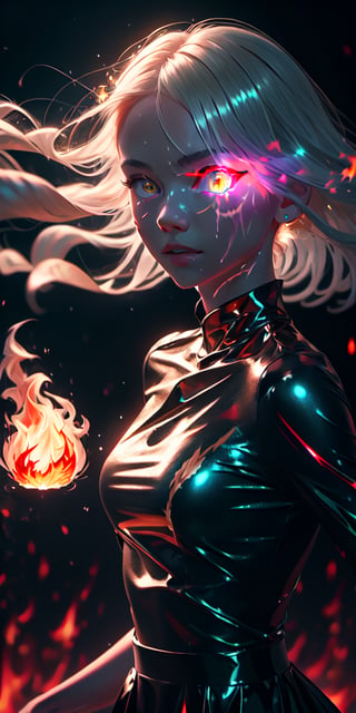 8K, high_resolution, 1080P, 1girl, (Masterpiece)), (Realistic, Photorealistic: 1.35), (RAW Photo, Best Quality), (detailed red glowing flaming eyes:1.2) ,white hair, floating_hair ,scenery, shiny hair, cinematic scene, centered, beautiful face, black dress,black thin dress, (seen through dress), small thin glowing and flaming scars on face, 