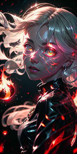 8K, high_resolution, 1080P, 1girl, (Masterpiece)), (Realistic, Photorealistic: 1.35), (RAW Photo, Best Quality),(detailed red glowing flaming eyes:1.2),white hair, floating_hair ,scenery, shiny hair,cinematic scene, centered, beautiful face,black dress,black thin dress, (seen through dress),small thin glowing and flaming scars on face, 