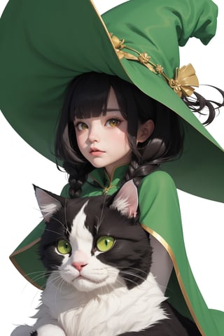 (( Riding a giant fat fluffy calico cat )), shining eyes, twin braid, black hair, parted bangs, little girl, 10 years old, simple green witch's big hat and green robe, ,chibi,genshin chibi emote,best quality,1girl,1 girl,fantasy,art,masterpiece