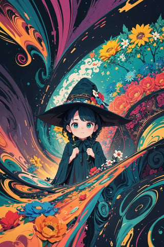 ((painting with a giant brush)) , shining eyes , twin_braid , black hair , little girl, 10 years old, simple green witch's big hat and green robe, intricate details, 32k digital painting, hyperrealism, (vivid color),(abstract background:1.3), (colorful:1.3), (flowers:1.2), (zentangle:1.2), (fractal art:1.1) , parted bangs, SUPER HIGH quality, in 8K , intricate detail, ultra-detailed,chibi,High detailed ,xyzsanart01,fantasy,art