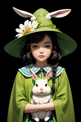 (( Ride on beautifully decorated white giant lagomorph )) , shining eyes , twin braid , black hair , parted bangs, little girl, 15 years old, simple green witch's big hat and green robe, intricate details, 32k digital painting, hyperrealism, (vivid color,abstract background:1.3, colorful:1.3, flowers:1.2, zentangle:1.2, fractal art:1.1) ,High detailed ,