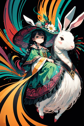 (( Ride on beautifully decorated white giant lagomorph )) , shining eyes , twin braid , black hair , parted bangs, little girl, 15 years old, simple green witch's big hat and green robe, intricate details, 32k digital painting, hyperrealism, (vivid color,abstract background:1.3, colorful:1.3, flowers:1.2, zentangle:1.2, fractal art:1.1) ,High detailed ,