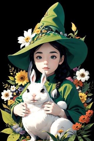 (( Ride on beautifully decorated white giant lagomorph )) , shining eyes , twin braid , black hair , parted bangs, little girl, 15 years old, simple green witch's big hat and green robe, intricate details, 32k digital painting, hyperrealism, (vivid color,abstract background:1.3, colorful:1.3, flowers:1.2, zentangle:1.2, fractal art:1.1) ,High detailed ,