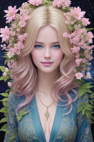 (full body image),((realistic)), beautiful Barbie like female walking through futuristic megalopolis, smiling ,((blond hair ))blown in wind,perfect hands ,five fingers hands,  surrounded  by Frame with liana branches, flower and tropical leaves,Exotical border with plants of jungle ,((luxurious pink accents)), wide angle, vivid colors, popular character, Oppenheimer movie ,8k ,Pink and blue Collages ,Jeff Easley and Peter Elson + beautiful eyes, beautiful face + symmetry face + border and embellishments inspiried by alphonse mucha, fractals in the background, galaxy + baroque, gothic, surreal + highly detailed, intricate complexity, epic composition, magical atmosphere + masterpiece, award winning + trending on artstation ,perfect hands+five fingers hands,(intricate detail), (super detailed), 8k hdr, high detailed, soft cinematic lighting, dramatic atmosphere, atmospheric perspective,torch lighting,ray tracing,starry universe background,ray tracing,starry universe background,perfec teyes,--8K, Film Poster ,head to toe image,perfecteyes