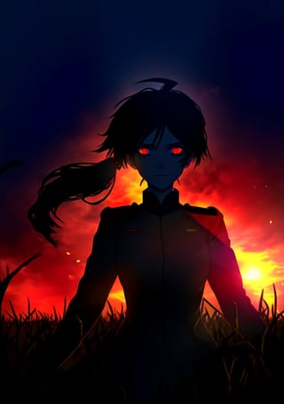 masterpiece, best qualiaty, 1girl, black-hair, red_eye, without expresion, low_ponytail, ahoge, black uniform, military uniform, thousand yard gaze, dirt on the face, sunset, darkness, background grasslands, looking_at_nothing,	 SILHOUETTE LIGHT PARTICLES, ,mysticlightKA, messy uniform,(best quality