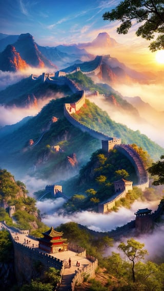 masterpiece, best quality, official_art, aesthetic and beautiful, potrait of old chinese temple on Riverside, great wall along mountain, foggy valley, flowers, spring_season, no_humans, sunrise