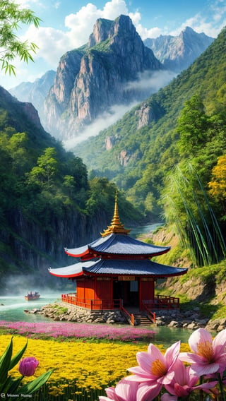 masterpiece, best quality, official_art, aesthetic and beautiful, potrait of bamboo raft in foggy river, flowers and mountains along riverside, spring_season,boats, old fashioned temple on valley, no_human