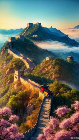 masterpiece, best quality, official_art, aesthetic and beautiful, potrait of old chinese temple on Riverside, great wall along mountain, foggy valley, flowers, spring_season, no_humans, sunrise