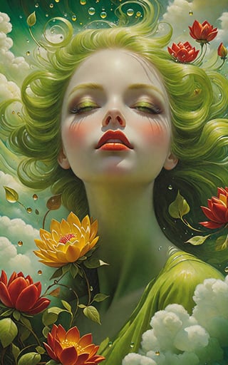 A Ultra realistic, a stunningly detailed oil painting  by Marc Todd, Nicoletta Ceccoli, Ray Caesar, green ,  red , orange, yellow color palette,   close up spring  spirit,  highly detailed perfect face, sunlight, sunbeams, detailed  sky with clouds, swirling clouds water drops,  flowers, dramatic makeup, celestial lighting, glowing aura,   mystical,  highly detailed, intricated, intricated pose,  oil painting, thick strokes,  mannerism , vibrant colors, masterpiece, high quality,  high quality, 32k , perfect detailed, ultra sharp focus