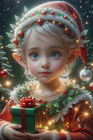 A Ultra realistic, a stunningly portrait, Cute and adorable christmas baby elf with gifts, hoarfrost metal lace, christmas theme,  fantasy, sunlight, sunbeam, intricate detail, 12k, front, cover, unzoom, hyperdetailed painting, luminism, Bar lighting, complex, 4k resolution concept art portrait by Greg Rutkowski, Artgerm, WLOP, Alphonse Mucha, little fusion pojatti realistic , fractal isometrics details bioluminescens : a stunning realistic photograph, wide angle, red, green, white colors
