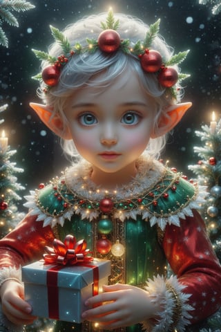 A Ultra realistic, a stunningly portrait, Cute and adorable christmas baby elf with gifts, hoarfrost metal lace, christmas theme,  fantasy, sunlight, sunbeam, intricate detail, 12k, front, cover, unzoom, hyperdetailed painting, luminism, Bar lighting, complex, 4k resolution concept art portrait by Greg Rutkowski, Artgerm, WLOP, Alphonse Mucha, little fusion pojatti realistic , fractal isometrics details bioluminescens : a stunning realistic photograph, wide angle, red, green, white colors
