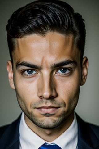 a young businessman in a dark office room, his eyes and face locked on camera lens, short image