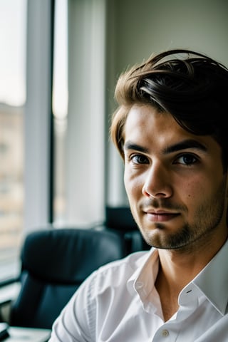 a young businessman in a dark office room, his eyes and face locked on camera lens, short image