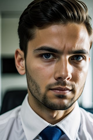 a young businessman in a dark office room, his eyes and face locked on camera lens, short image