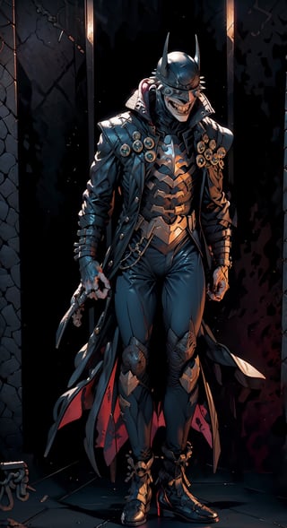 Batman who laughs, ((full-body_portrait)), ((dark room:1.4)), standing_up,batmanwholaughs,horror (theme)