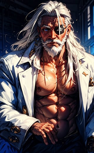 One old man, "beard long", white hair, long_hair, scar on left eye, eye patch left, big_muscle, bare chest no shirt 