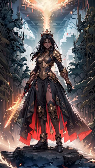 A (dark_skinned_female:1.5) Queen with a king's crown letting an army into battle. A queen armored up with a mean gaze in her eyes showing no fear. A beautiful scenery overlooking an army. A sword with flaming Aura surrounding it. A full body portrait of the queen and the army