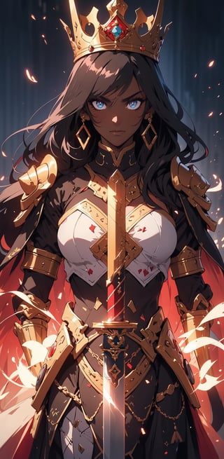 A (dark_skinned_female:1.5) Queen with a king's crown letting an army into battle. A queen armored up with a mean gaze in her eyes showing no fear. A beautiful scenery overlooking an army. A sword with flaming Aura surrounding it. A full body portrait of the queen and the army