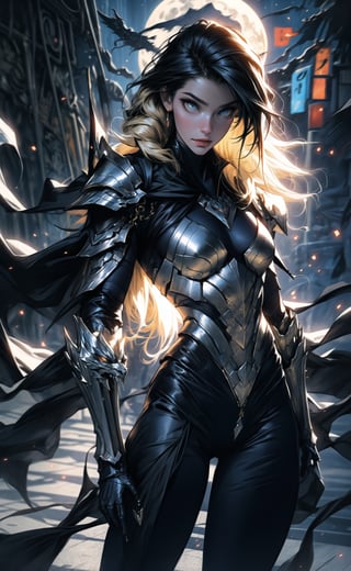 One female, two color hair, black hair, blonde highlights, golden_eyes, thicc_thighs, both hands to the waist, large_breasts, ((very long hair)), tight fit armor, black armor shoulder plates, black chest armor plates, black legs armor plates revealing legs, moon, black armor cape, ((masterpiece)), ultra hd, 8k, hdr, dynamic, (bright eyes:1.1), hyper realistic, detailed background, finely detailed_body, perfecteyes, detailedface, detailedeyes, (best shadow, best gray shader, ultra detailed), (detailed background), high contrast, (best illumination, an extremely delicate and beautiful), fullbody stance,edgGaruda_hoodie,venom