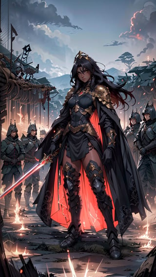 A (dark_skinned_female:1.5) Queen with a king's crown letting an army into battle. A queen armored up with a mean gaze in her eyes showing no fear. A beautiful scenery overlooking an army. A sword with flaming Aura surrounding it. A full body portrait of the queen and the army