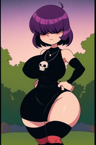 Gaz, short purple  hair, closed eyes, standing,  hands on hips, GAgoth, black dress, skull necklace, striped thighhighs, striped sleeves, in a park at night, (insanely detailed, beautiful detailed face, masterpiece, best quality), Hair over eyes, shortstack, wide hips, curvy figure, thick thighs, large breasts,