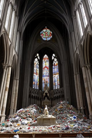 Destroyed gothic cathedral full of colored plastic rubbish broken saints lying broken stained glass windows gargoyle statues