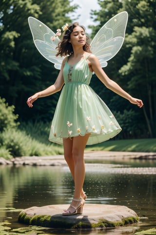 1girl, fairy_wings, flower_hair_ornament, floral_dress, standing, one leg bent, levitation, look at the ground, light halo, brown light around, fractal, power, strength, flying butterflies, no background, transparent dress, light green dress, cute, made up, side view, water source, eyes closed , 