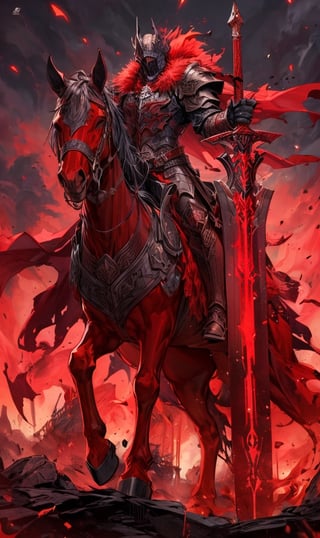 apocalypse horseman war, warlike man in red armor riding a red horse, holding a giant sword  (rpg design, ULTRA HIGH DEFINITION, HIGH CONTRAST, sharpen focus clean image, ultra details, detailed light, dark fantasy, comic book drawing, rpg monster rpg design, ultra details, detailed light, dark fantasy, realistic comic book drawing )