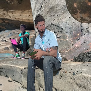 Draw a young african programmer, sitting on a research platform floating in the middle of an asteroid belt. He is studying with a notebook, surrounded by several asteroids glowing with fiery auras. Dramatic lighting from distant stars and planets illuminates the scene, casting deep shadows on the suit. The young man looks confident and determined, looking at the vast and mysterious universe with wonder and respect,facial hair, cowboy shot, 