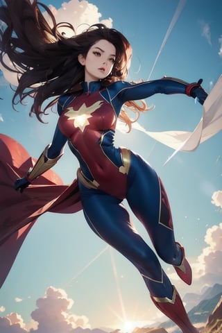 a seductive girl flying into the sky, wearing superhero's costume, perfect anatomy, perfect face, windy hair, dynamic pose, detailed fabric texture, lens flare, 