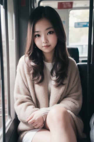 cute girl sitting on a bus, smirk, natural lighting from window, 35mm lens, soft and subtle lighting, girl centered in frame, shoot from eye level, incorporate cool and calming colors