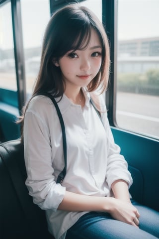 cute girl sitting on a bus, smirk, natural lighting from window, 35mm lens, soft and subtle lighting, girl centered in frame, shoot from eye level, incorporate cool and calming colors