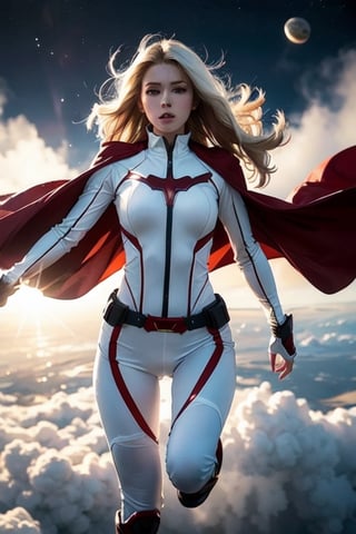 a seductive girl flying into the space, flying in very fast speed, wearing superhero's costume, perfect anatomy, perfect face, glowing white eyes, white hair with windy hair, dynamic pose, detailed fabric texture, lens flare, huge planet in background,Detailedface