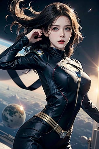 a seductive girl flying into the space, wearing superhero's costume, perfect anatomy, perfect face, windy hair, dynamic pose, detailed fabric texture, lens flare, huge planet in background,