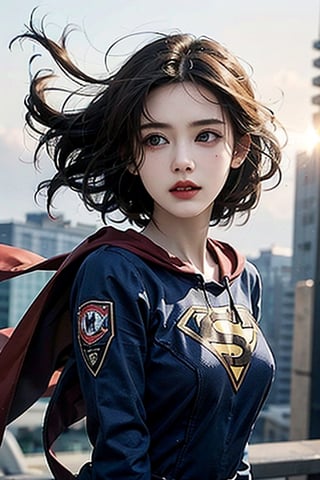 a seductive girl flying into the sky, wearing superhero's costume, perfect anatomy, perfect face, windy hair, dynamic pose, detailed fabric texture, lens flare, 