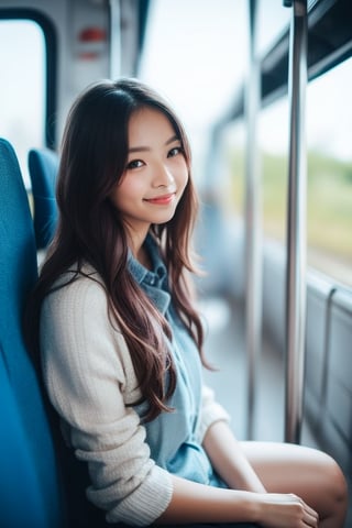 cute girl sitting on a bus, ashamed , shy smile ,natural lighting from window, 35mm lens, soft and subtle lighting, girl centered in frame, shoot from eye level, incorporate cool and calming colors