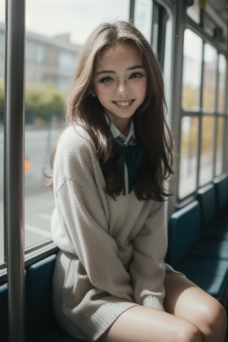 cute girl sitting on a bus, ashamed smile , wire-frame glasses, natural lighting from window, 35mm lens, soft and subtle lighting, girl centered in frame, shoot from eye level, incorporate cool and calming colors,beautiful nod_woman