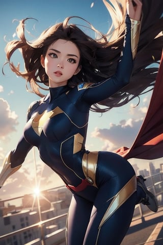 a seductive girl flying into the sky, wearing superhero's costume, perfect anatomy, perfect face, windy hair, dynamic pose, detailed fabric texture, lens flare, 