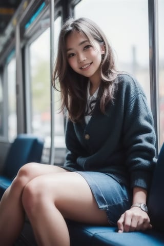 cute girl sitting on a bus, ashamed smile , natural lighting from window, 35mm lens, soft and subtle lighting, girl centered in frame, shoot from eye level, incorporate cool and calming colors