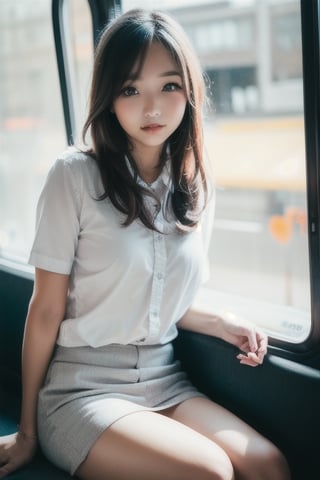 cute girl sitting on a bus, smirk, natural lighting from window, 35mm lens, soft and subtle lighting, girl centered in frame, shoot from eye level, incorporate cool and calming colors