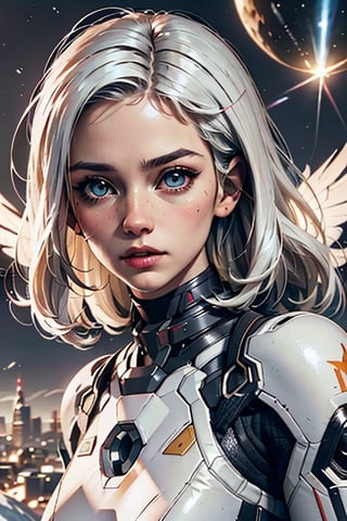 a cute girl flying into the sky, flying over megalopolis , wearing superhero's costume, innocent look, perfect anatomy, perfect face, glowing white eyes, white hair with windy hair, (dynamic flying position :1.2), detailed fabric texture, lens flare, Detailedface, (artificial body),AIDA_LoRA_olgas,starfield style