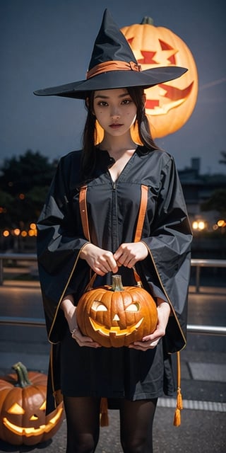 a girl with a halloween costume and a wizard hat holding a halloween pumpkin,photo, student in tokyo, wide fov, wide field of view, wide angle, hyper maximalist, bright saturated colors, award-winning, masterpiece, detailed, high resolution