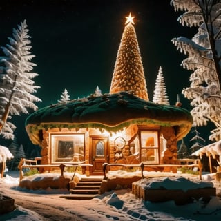 Santa‘s Caveman Style Home at the North Pole, a big reindeer ice sculpture is the center piece in the living room contrasted by warm pastel colored minimalistic Christmas lights following the contours of the walls, stylish and elegant yet cozy and inviting, Sony A7R IV, Sony FE 50mm f/1.2 GM, natural light, softbox, High detailed, DonMG414 