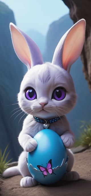 2 baby alians like a mix cat with long ear like a rabbit with butterfly tie hatching out of a blue egg(4k), (masterpiece), (best quality), (extremely intricate), (realistic), (sharp focus), (award winning), (cinematic lighting), (extremely detailed), purple skin, big ears, big eyes, crystals, cliff side background, fantsy, magic, glow, dim lighting, misty, gems, adventure,