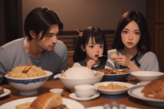 an image in cartoon style, an american family of mother and father with two kids, sitting at a table, eatting a thanksgiving meal,raidenshogundef