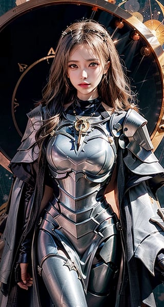 Female Paladin wearing Silver Chain Shirt Armor with Moonlit Edges , Copper Alchemist Robe with Transmutation Circles: Transmutation circles are intricately woven into the fabric, representing alchemical knowledge., (Tallow,Vessel color background:1.3),  