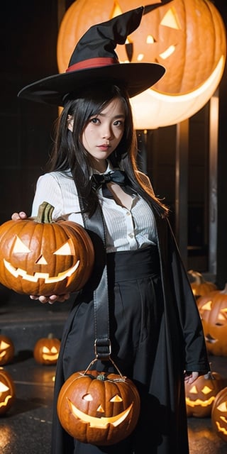 a girl with a halloween costume and a wizard hat holding a halloween pumpkin,photo, student in tokyo, wide fov, wide field of view, wide angle, hyper maximalist, bright saturated colors, award-winning, masterpiece, detailed, high resolution