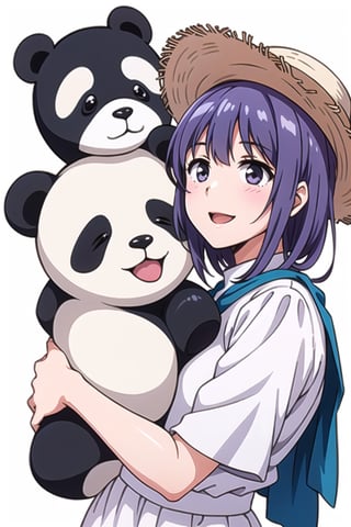 Perfect Beauty 1.5, ((white background)), ((no background)), beautiful girl,purple Hair, ((wearing white dress)), alone, (very big straw hat), short-cut hair,18 years old, (Happy face),Nene odagiri,large stuffed panda, ((face buried in stuffed animal)), ((very large stuffed panda)),one  stuffed animal,large panda