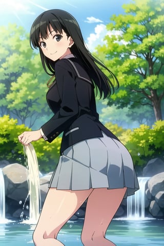 (Masterpiece, Top Quality, High Quality, (Sharp Picture Quality), Perfect Beauty: 1.5, light brown hair, (Japanese School Uniform), solo, Black chest ribbon,(gray skirt),(Black blazer),Beige undershirt, beautiful girl, cute,mini skirt, best smile, very beautiful view, fluttering skirt,(most fantastic view),view from a height, Fountain in background, splashing water,(Lift skirt),Attractive thighs,Turn around, look back,